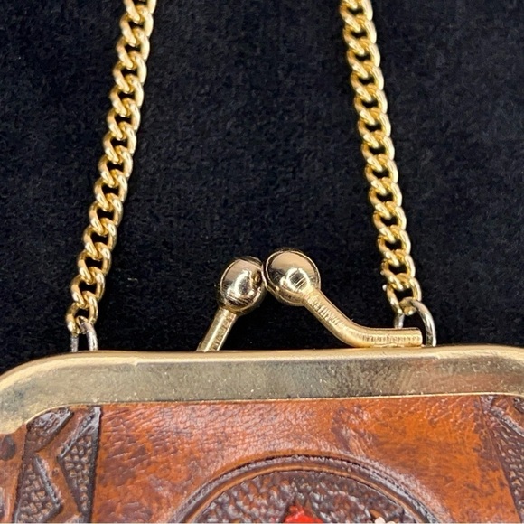 HANDMADE TOOLED LEATHER COIN PURSE GOLD CHAIN PAINTED FLEUR DE LIS WESTERN - Picture 11 of 14